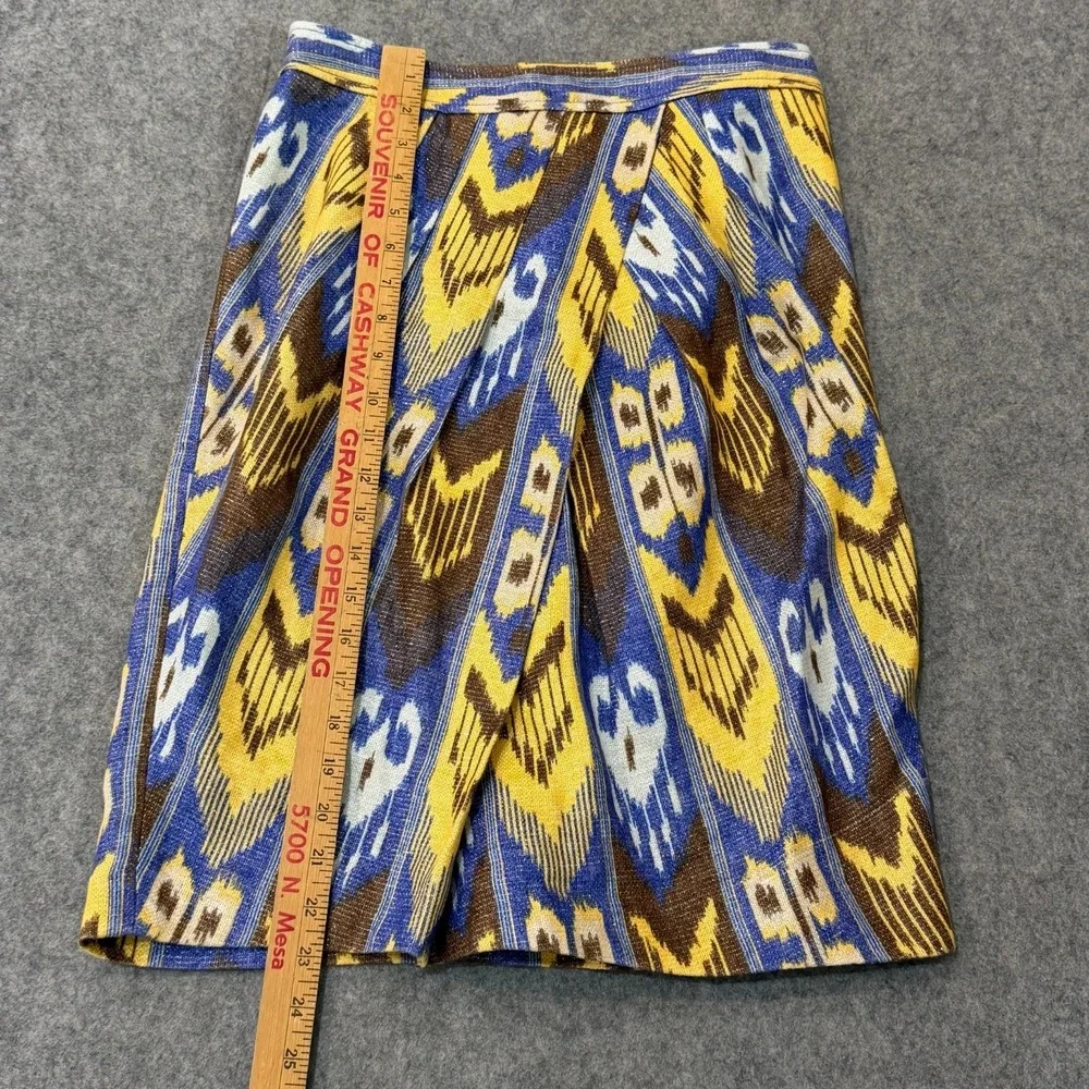 Tory Burch Yellow Blue Ikat Linen Jemima Tulip Hem Midi Skirt Women's Size 4